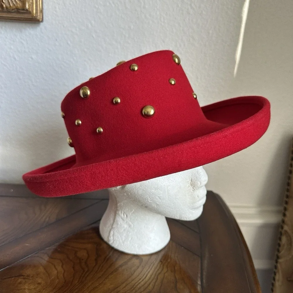 VTG Betmar NY Red Wool Hat 22 Inch Small Gold Stud Fedora Wide Brim USA LiteFelt
